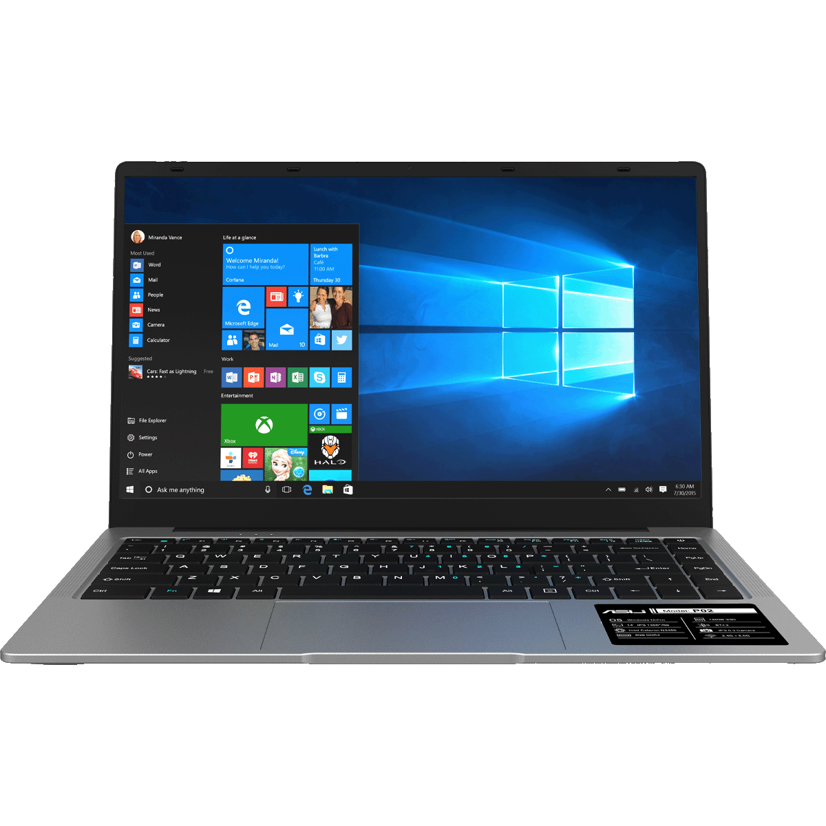 Front view of the open silver ASIJ P02 laptop