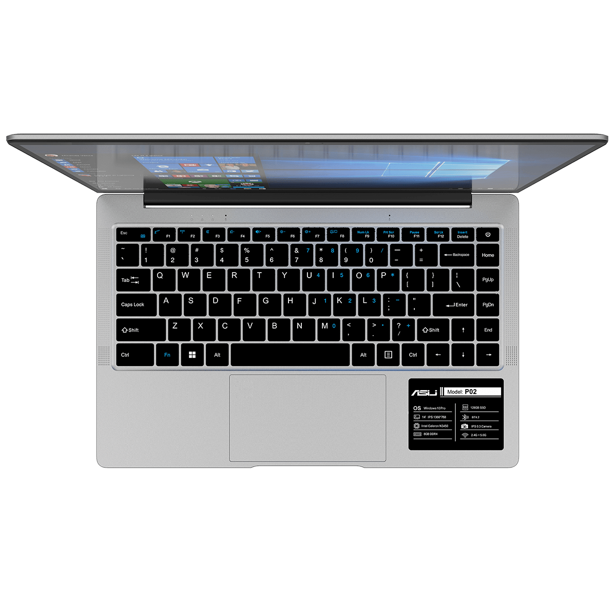 Top-down view of the open ASIJ P02 laptop