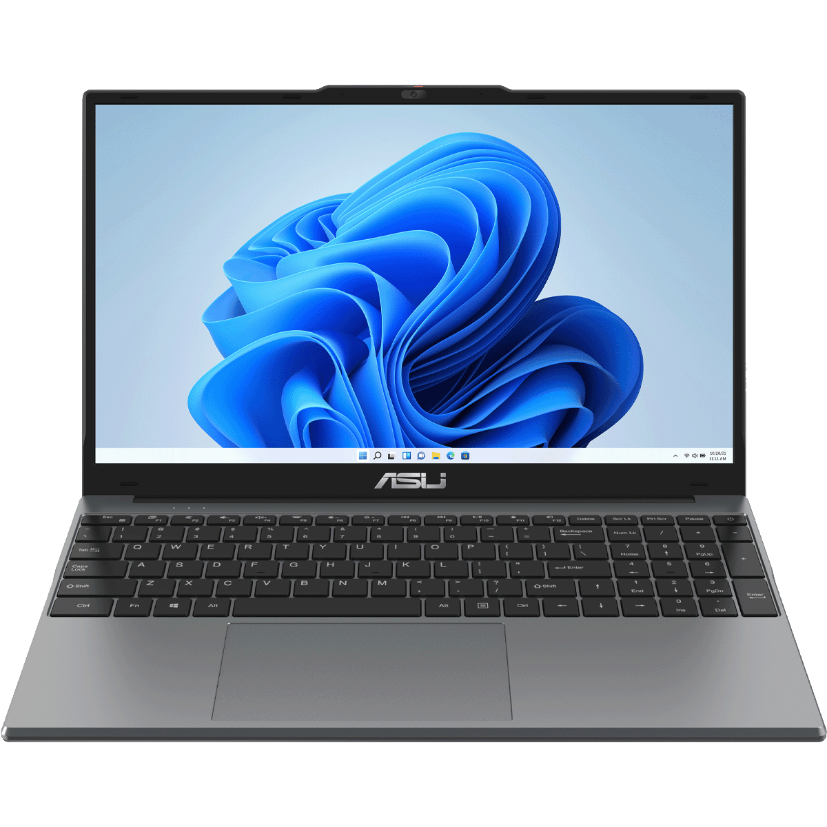 Front view of the open grey ASIJ TK-160U laptop